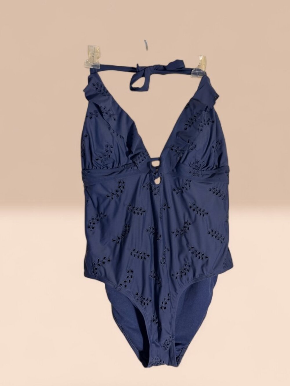 NWT Time and Tru Navy Blue Eyelet Halter One Piece Swimsuit Sz XL